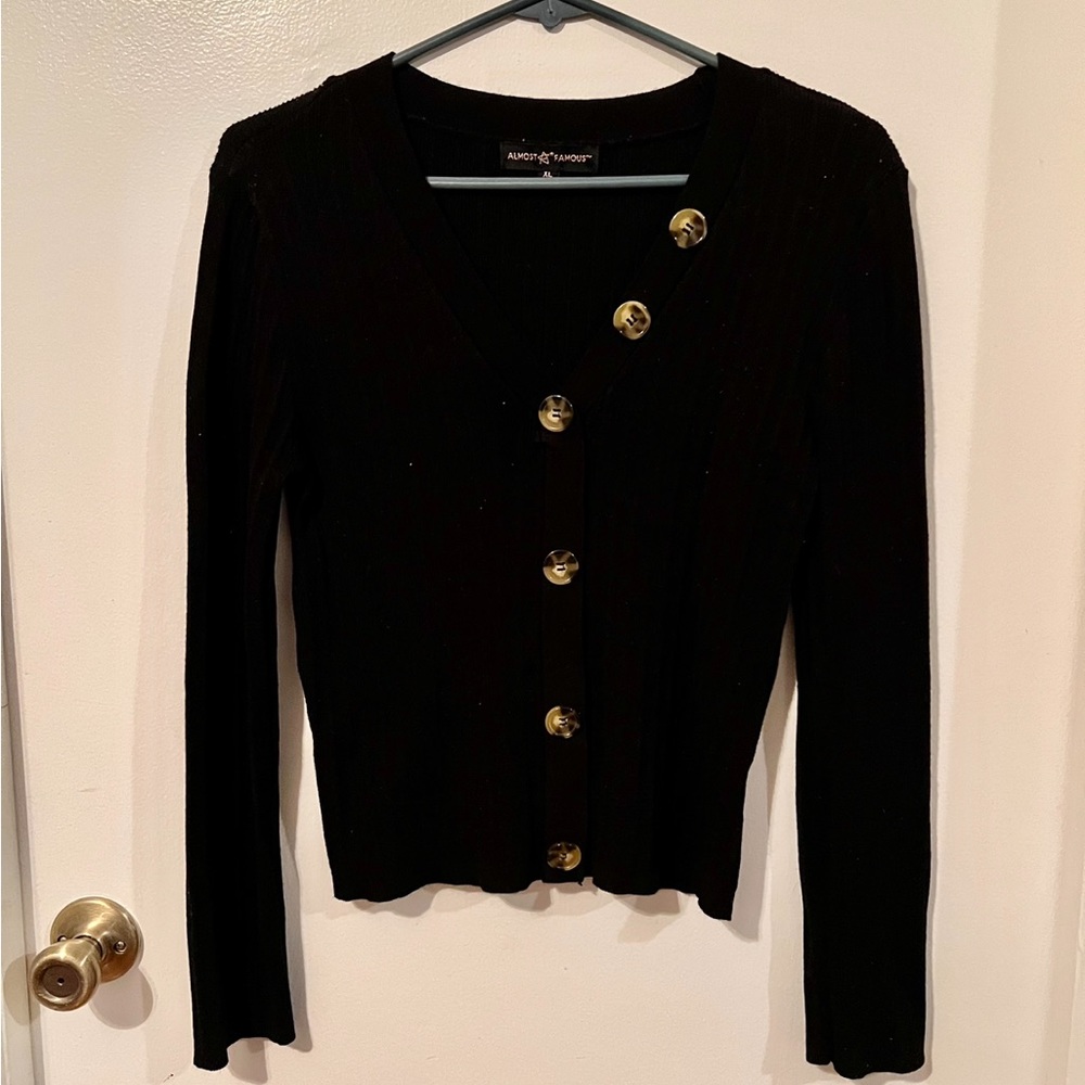 Alviero Martini Black Button-Front Knit Cardigan with Tortoise Buttons